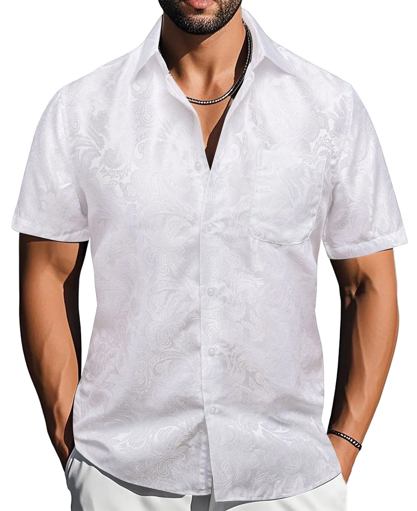 Barry. Wang White Paisley Jacquard Short Sleeve Button Down Shirt for Men sold by Barrywang