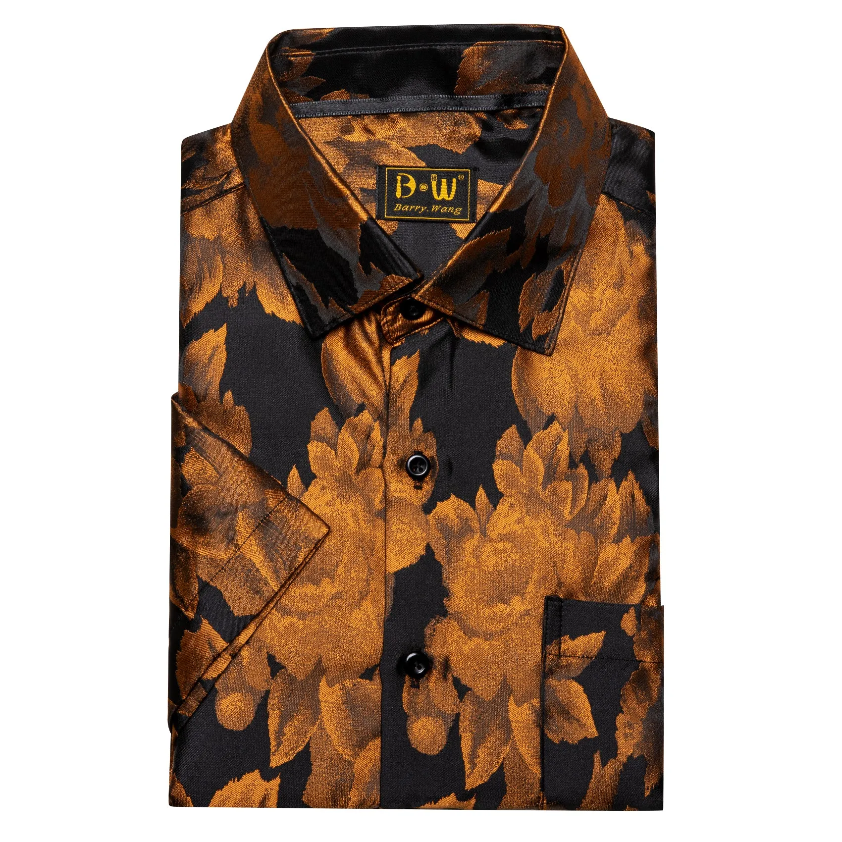 Barry. Wang Gold Black Floral Jacquard Short Sleeve Button Down Shirt for Men sold by Barrywang product image thumbnail 5