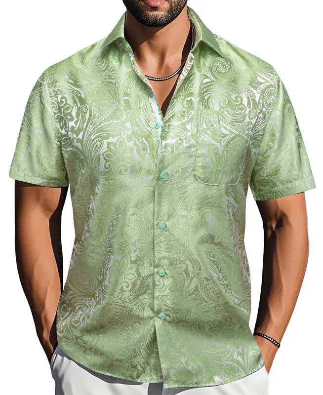 Barry. Wang Moss Green Paisley Jacquard Short Sleeve Button Down Shirt for Men sold by Barrywang
