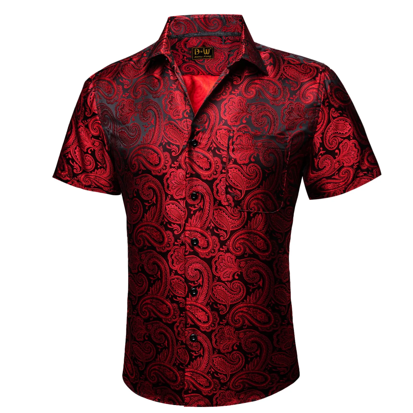 Barry. Wang Red Black Paisley Jacquard Short Sleeve Button-Down Shirt for Men sold by Barrywang product image thumbnail 3