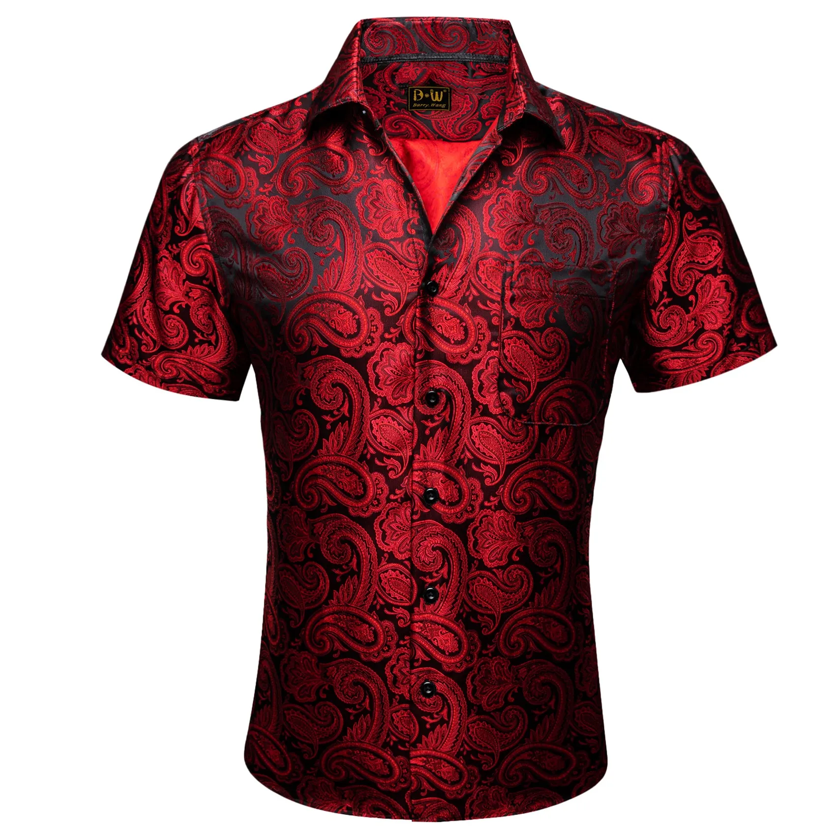 Barry. Wang Red Black Paisley Jacquard Short Sleeve Button-Down Shirt for Men sold by Barrywang product image thumbnail 2