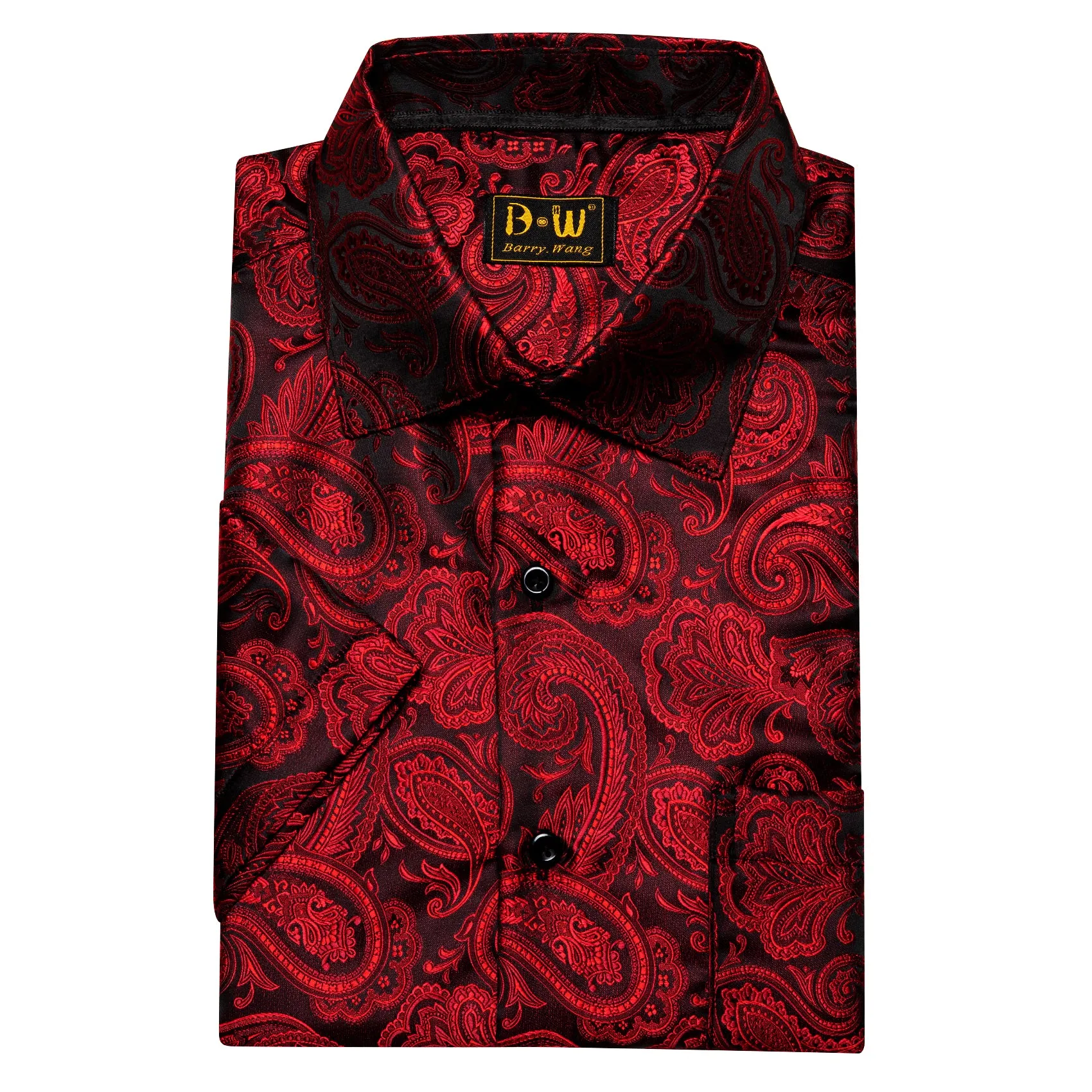 Barry. Wang Red Black Paisley Jacquard Short Sleeve Button-Down Shirt for Men sold by Barrywang product image thumbnail 5