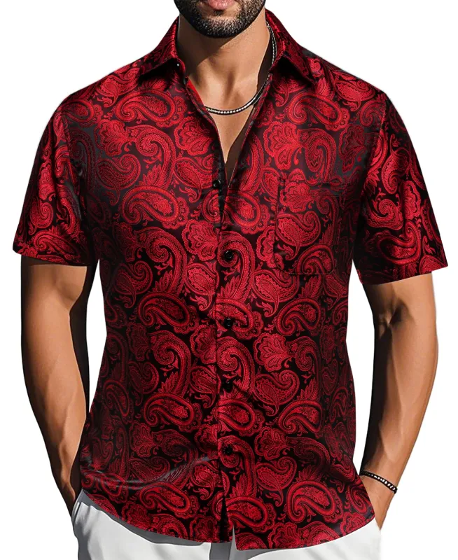 Barry. Wang  Red Black Paisley Jacquard Short Sleeve Button-Down Shirt for Men sold by Barrywang
