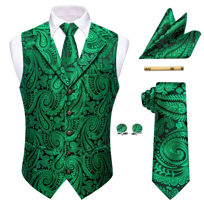 Barry. Wang Men's Dark Green Paisley Notched Collar Silk Vest Necktie Hanky Cufflinks Clip Set sold by Barrywang