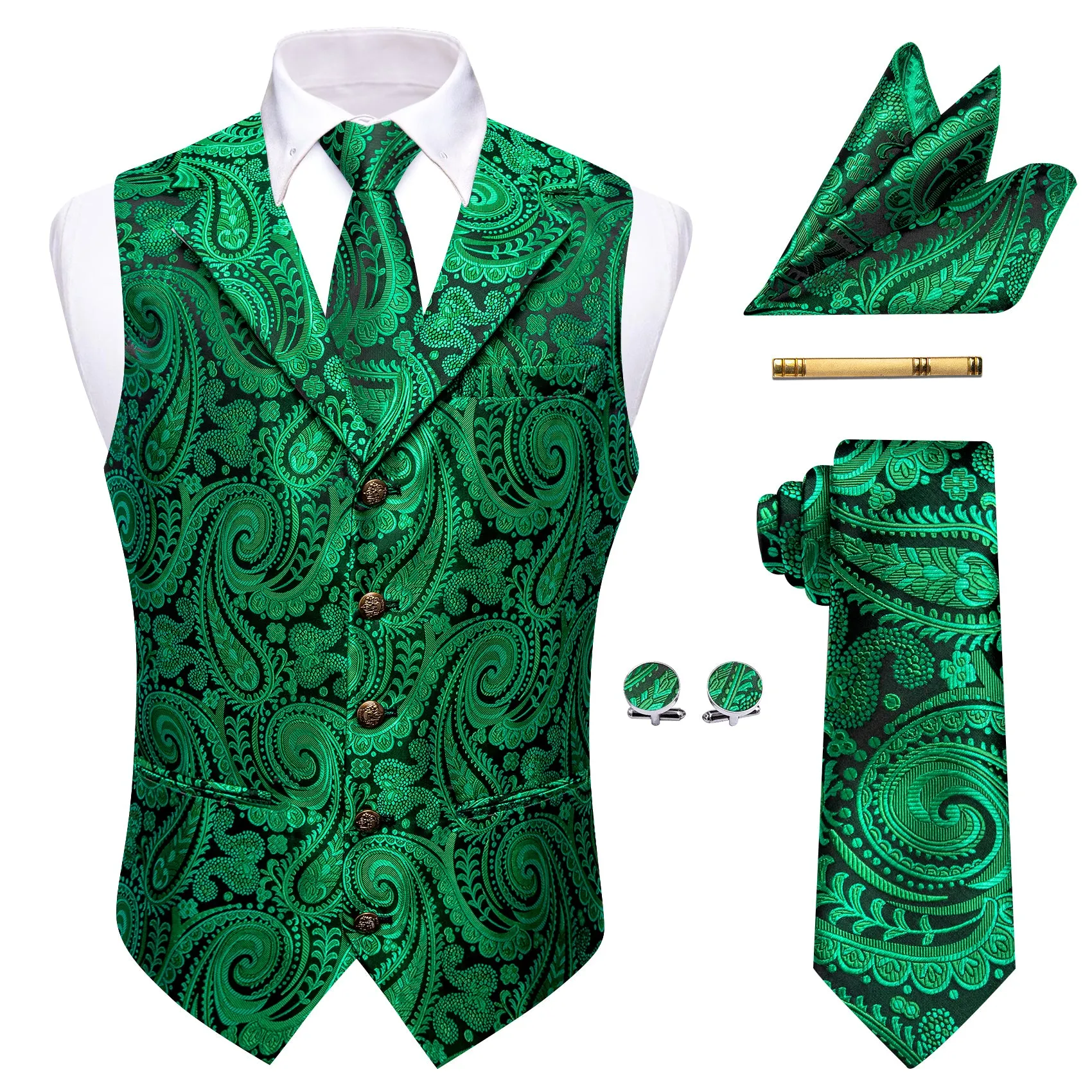 Barry. Wang Men's Dark Green Paisley Notched Collar Silk Vest Necktie Hanky Cufflinks Clip Set sold by Barrywang
