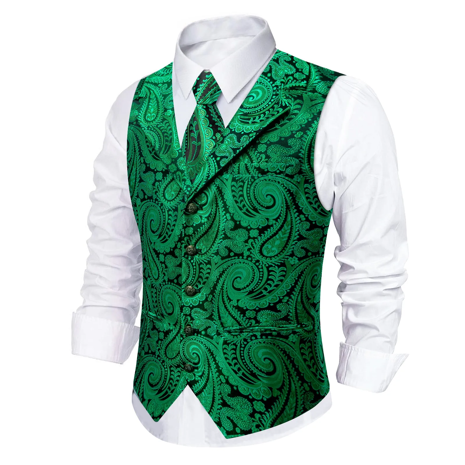 Barry. Wang Men's Dark Green Paisley Notched Collar Silk Vest Necktie Hanky Cufflinks Clip Set sold by Barrywang product image thumbnail 3