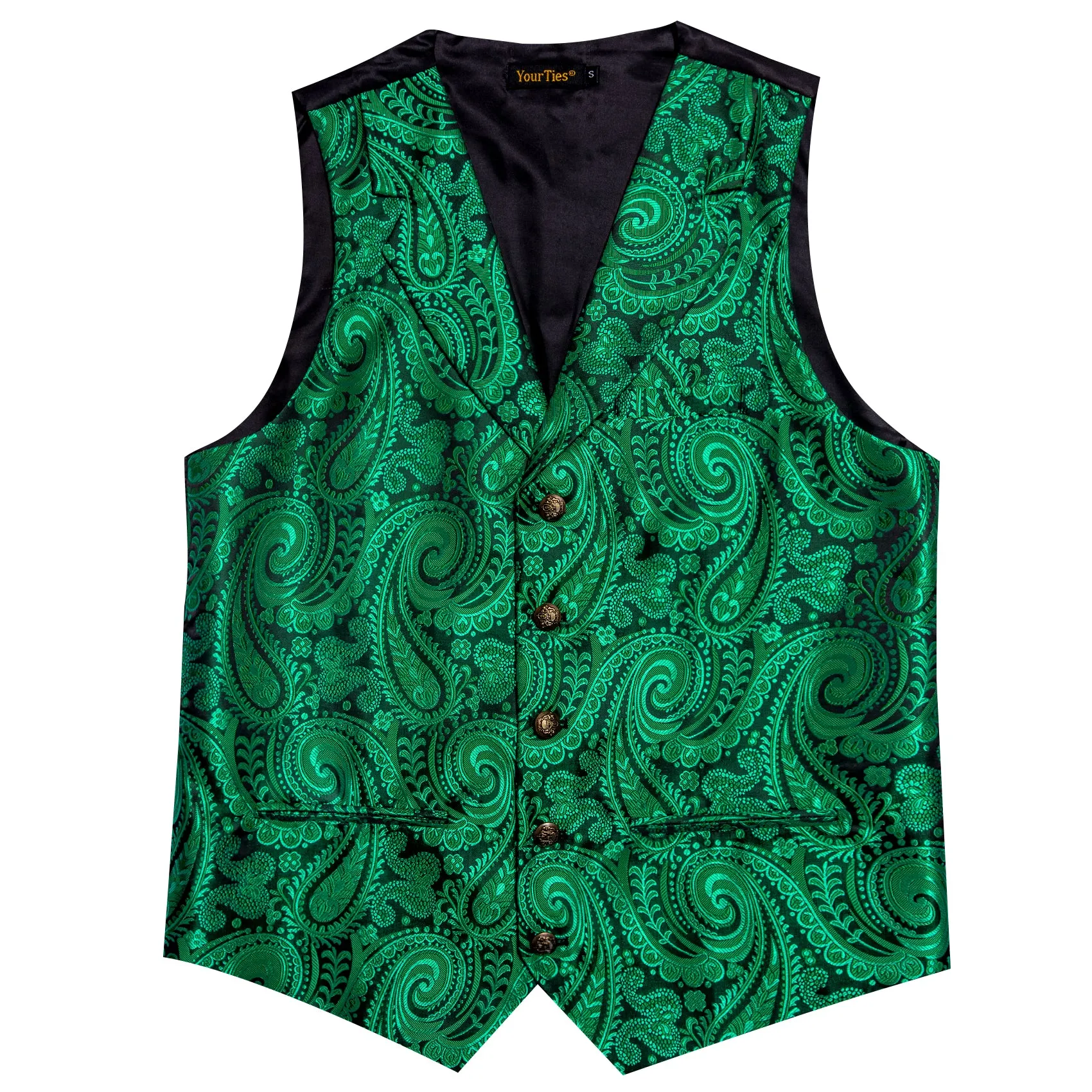 Barry. Wang Men's Dark Green Paisley Notched Collar Silk Vest Necktie Hanky Cufflinks Clip Set sold by Barrywang product image thumbnail 4