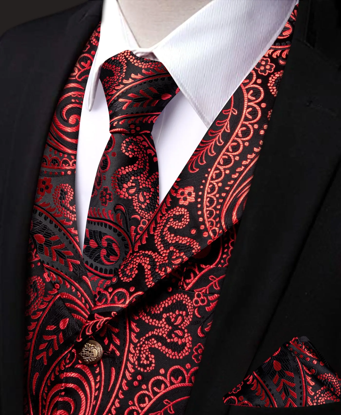 Barry. Wang Men's Dark Rust Paisley Notched Collar Silk Vest Necktie Hanky Cufflinks Clip Set sold by Barrywang product image thumbnail 2