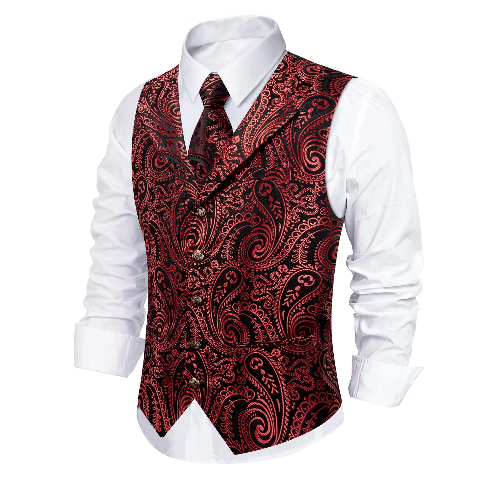 Barry. Wang Men's Dark Rust Paisley Notched Collar Silk Vest Necktie Hanky Cufflinks Clip Set sold by Barrywang product image thumbnail 3