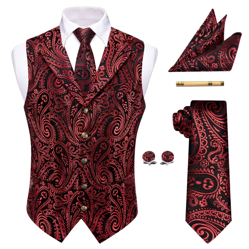 Barry. Wang Men's Dark Rust Paisley Notched Collar Silk Vest Necktie Hanky Cufflinks Clip Set sold by Barrywang