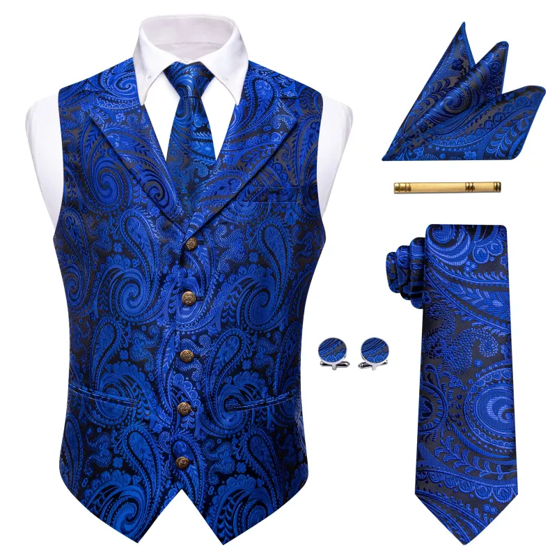 Barry. Wang Men's Navy Blue Paisley Notched Collar Silk Vest Necktie Hanky Cufflinks Clip Set made by Barrywang