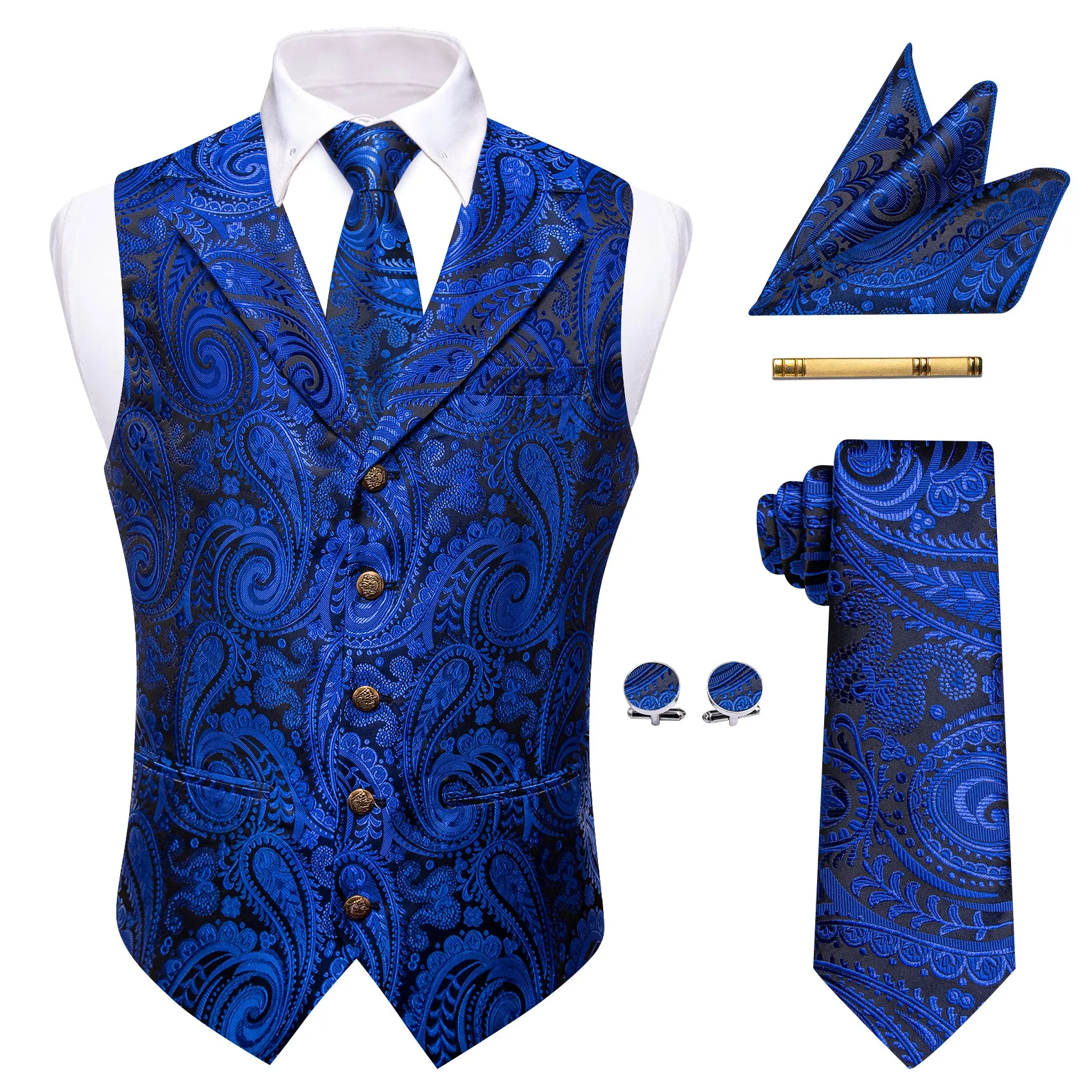 Barry. Wang Men's Navy Blue Paisley Notched Collar Silk Vest Necktie Hanky Cufflinks Clip Set sold by Barrywang