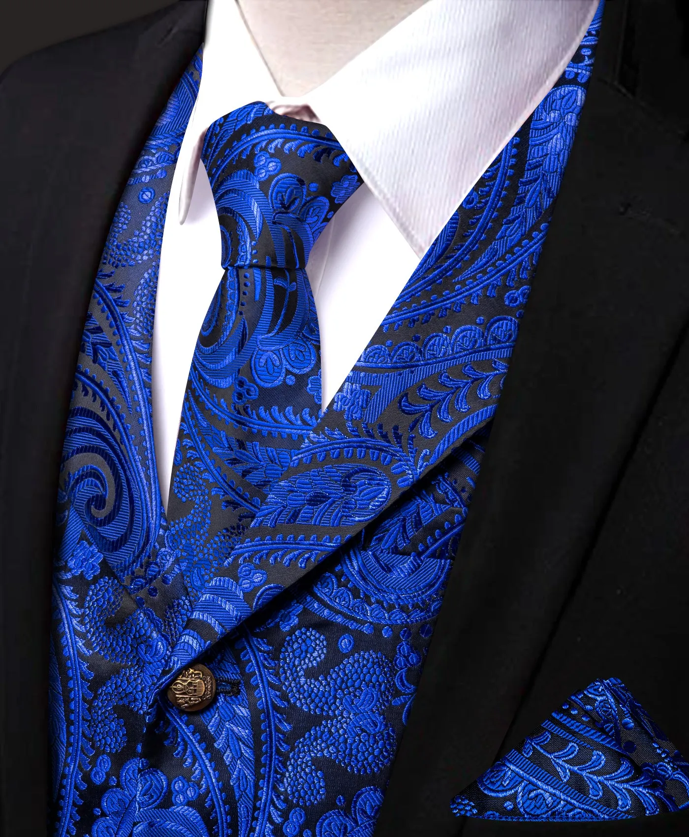 Barry. Wang Men's Navy Blue Paisley Notched Collar Silk Vest Necktie Hanky Cufflinks Clip Set sold by Barrywang product image thumbnail 2