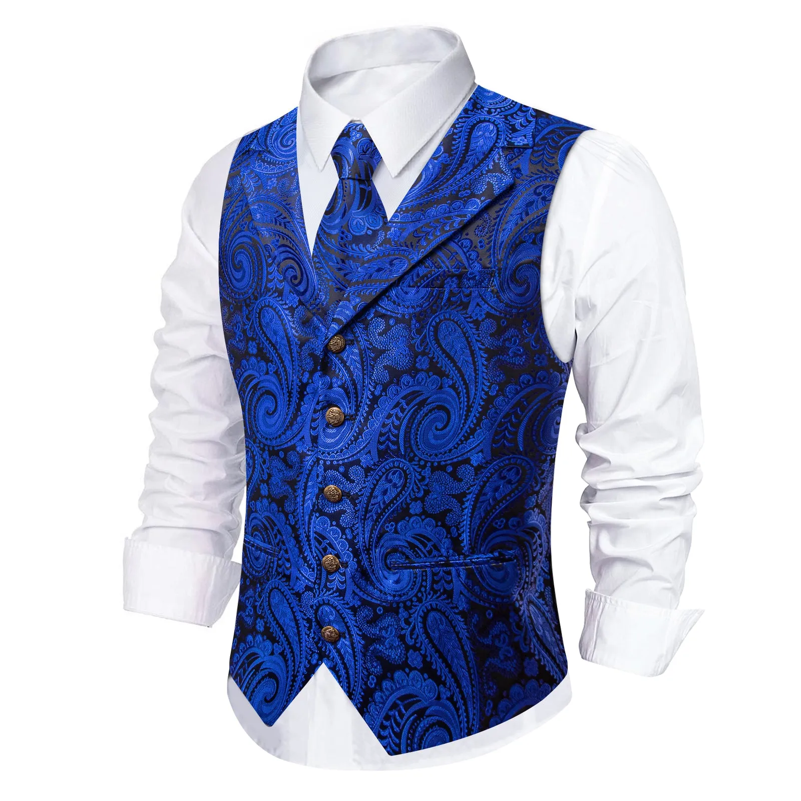 Barry. Wang Men's Navy Blue Paisley Notched Collar Silk Vest Necktie Hanky Cufflinks Clip Set sold by Barrywang product image thumbnail 3