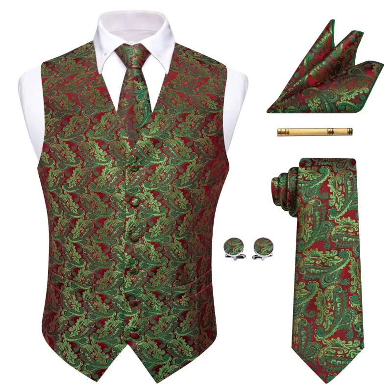 Barry. Wang Men's Green Red Paisley V-Neck Silk Vest Necktie Hanky Cufflinks Clip Set sold by Barrywang