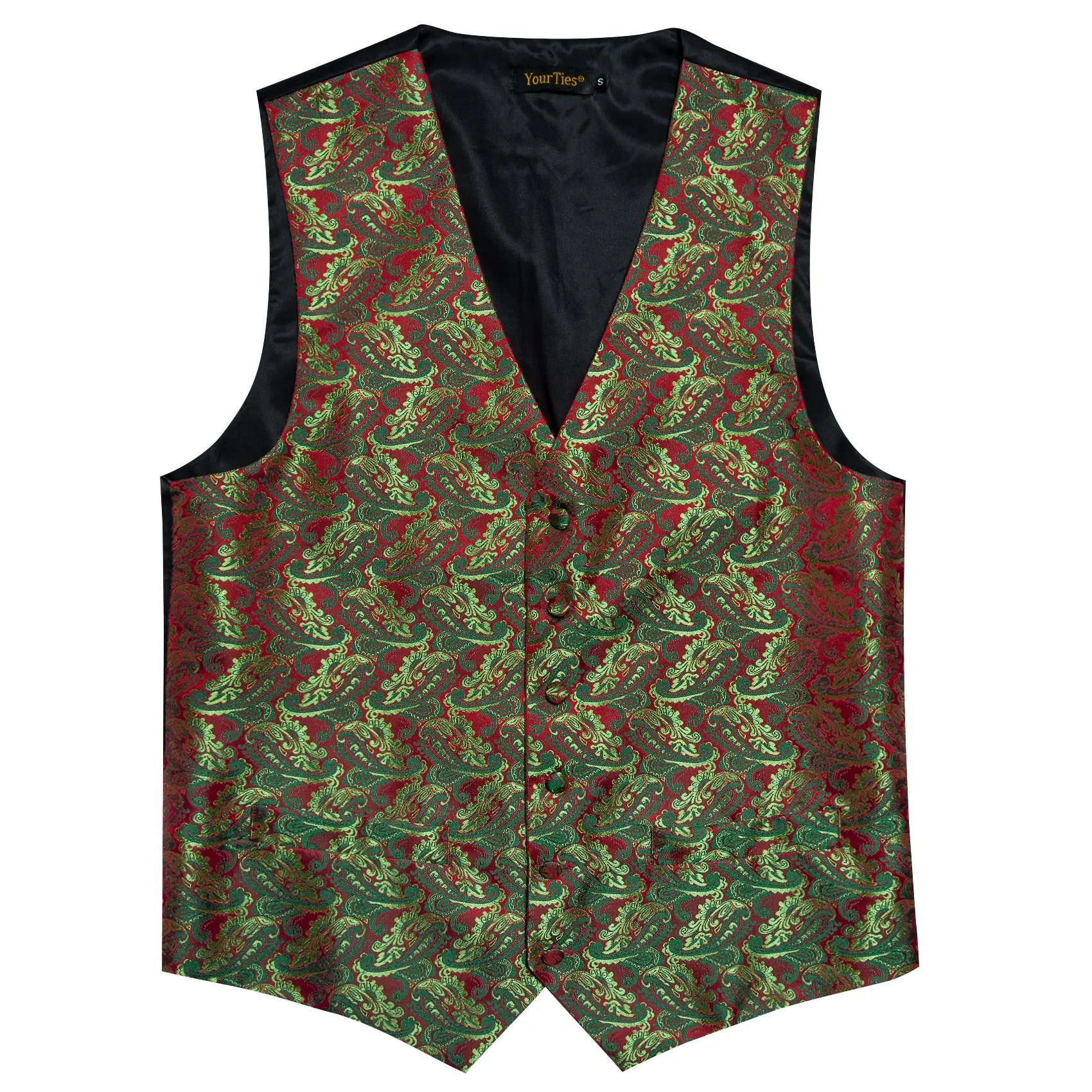 Barry. Wang Men's Green Red Paisley V-Neck Silk Vest Necktie Hanky Cufflinks Clip Set sold by Barrywang product image thumbnail 4