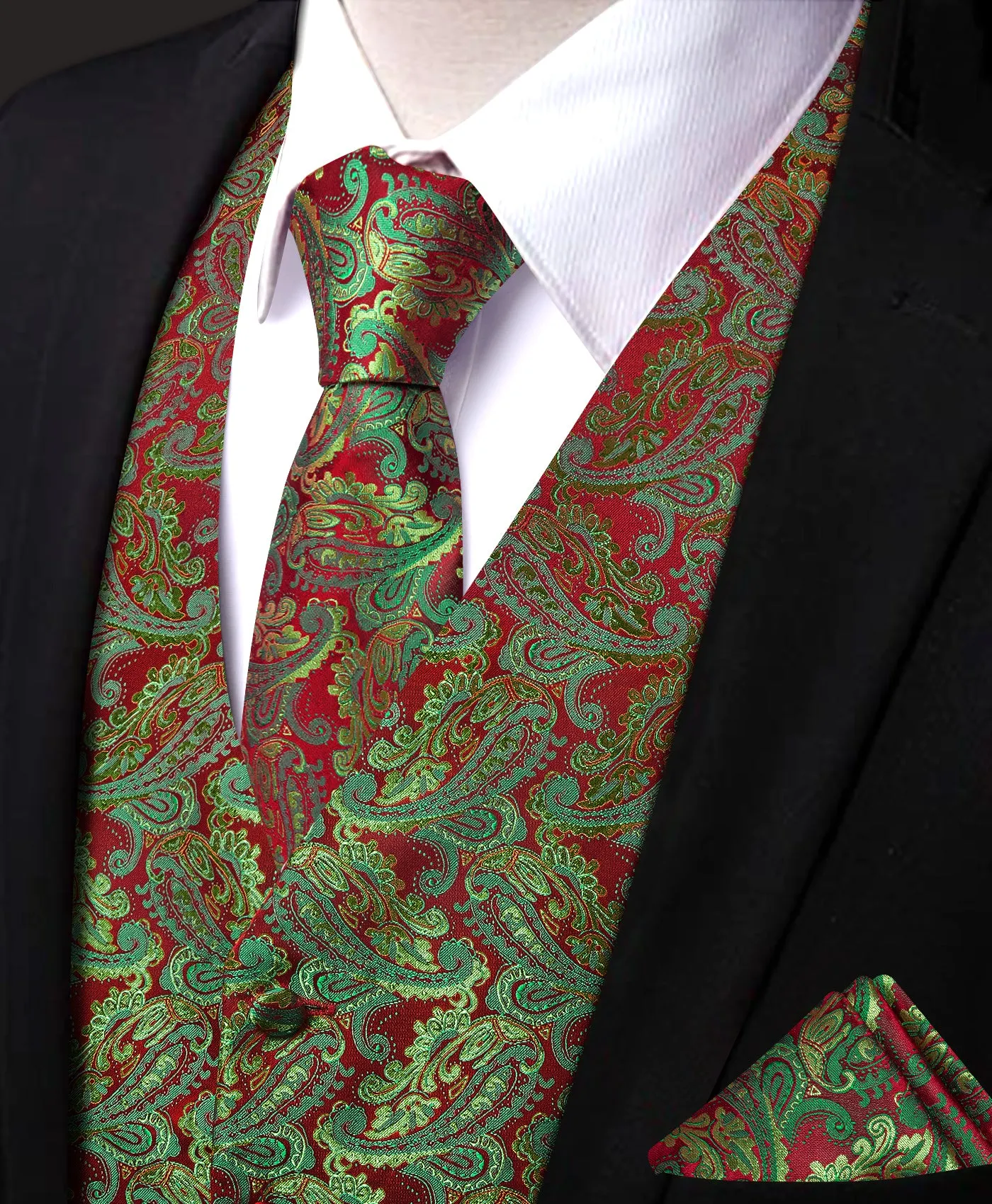 Barry. Wang Men's Green Red Paisley V-Neck Silk Vest Necktie Hanky Cufflinks Clip Set sold by Barrywang product image thumbnail 2