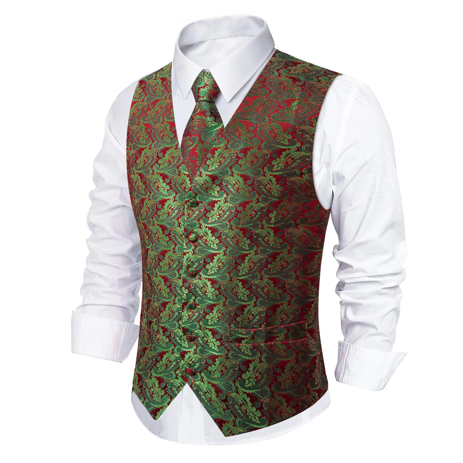Barry. Wang Men's Green Red Paisley V-Neck Silk Vest Necktie Hanky Cufflinks Clip Set sold by Barrywang product image thumbnail 3