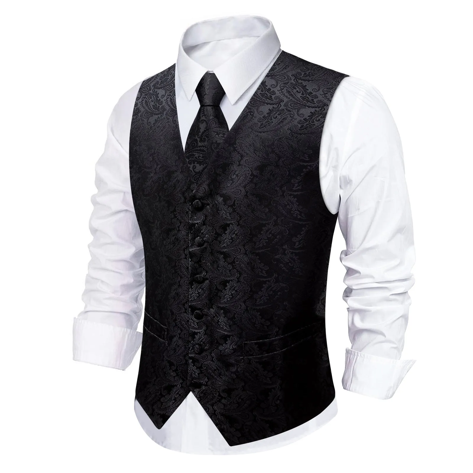 Barry. Wang Men's Black Paisley V-Neck Silk Vest Necktie Hanky Cufflinks Clip Set sold by Barrywang product image thumbnail 3