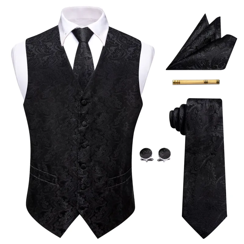 Barry. Wang Men's Black Paisley V-Neck Silk Vest Necktie Hanky Cufflinks Clip Set sold by Barrywang