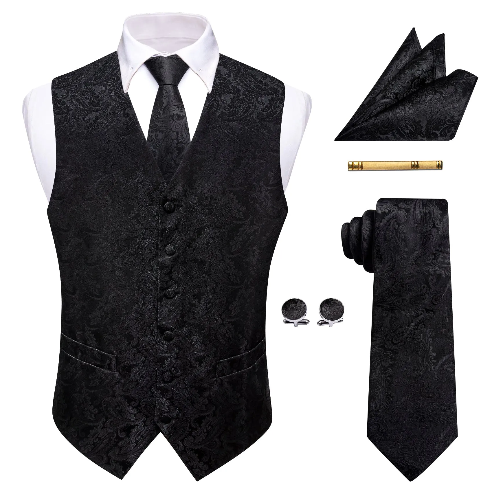 Barry. Wang Men's Black Paisley V-Neck Silk Vest Necktie Hanky Cufflinks Clip Set sold by Barrywang