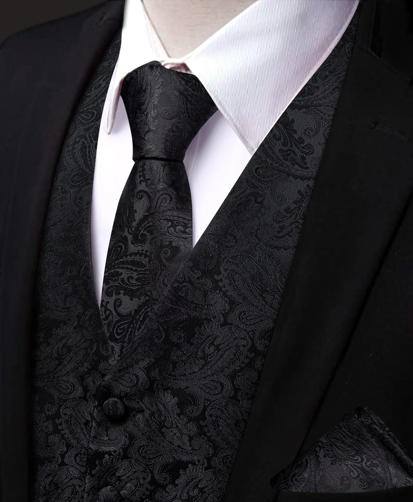 Barry. Wang Men's Black Paisley V-Neck Silk Vest Necktie Hanky Cufflinks Clip Set sold by Barrywang product image thumbnail 2