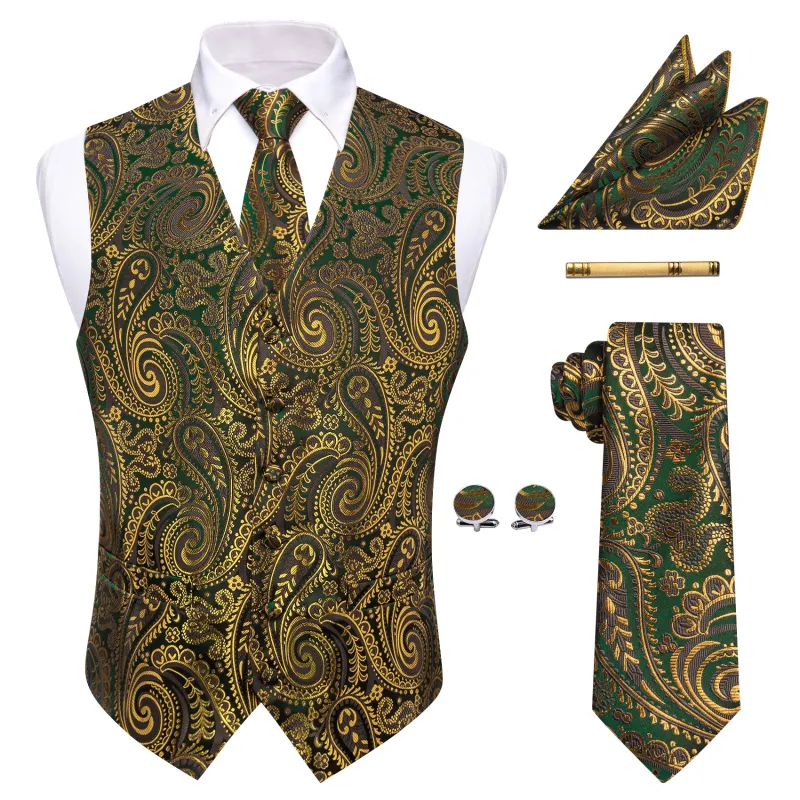 Barry. Wang Men's Gold Green Paisley V-Neck Silk Vest Necktie Hanky Cufflinks Clip Set sold by Barrywang