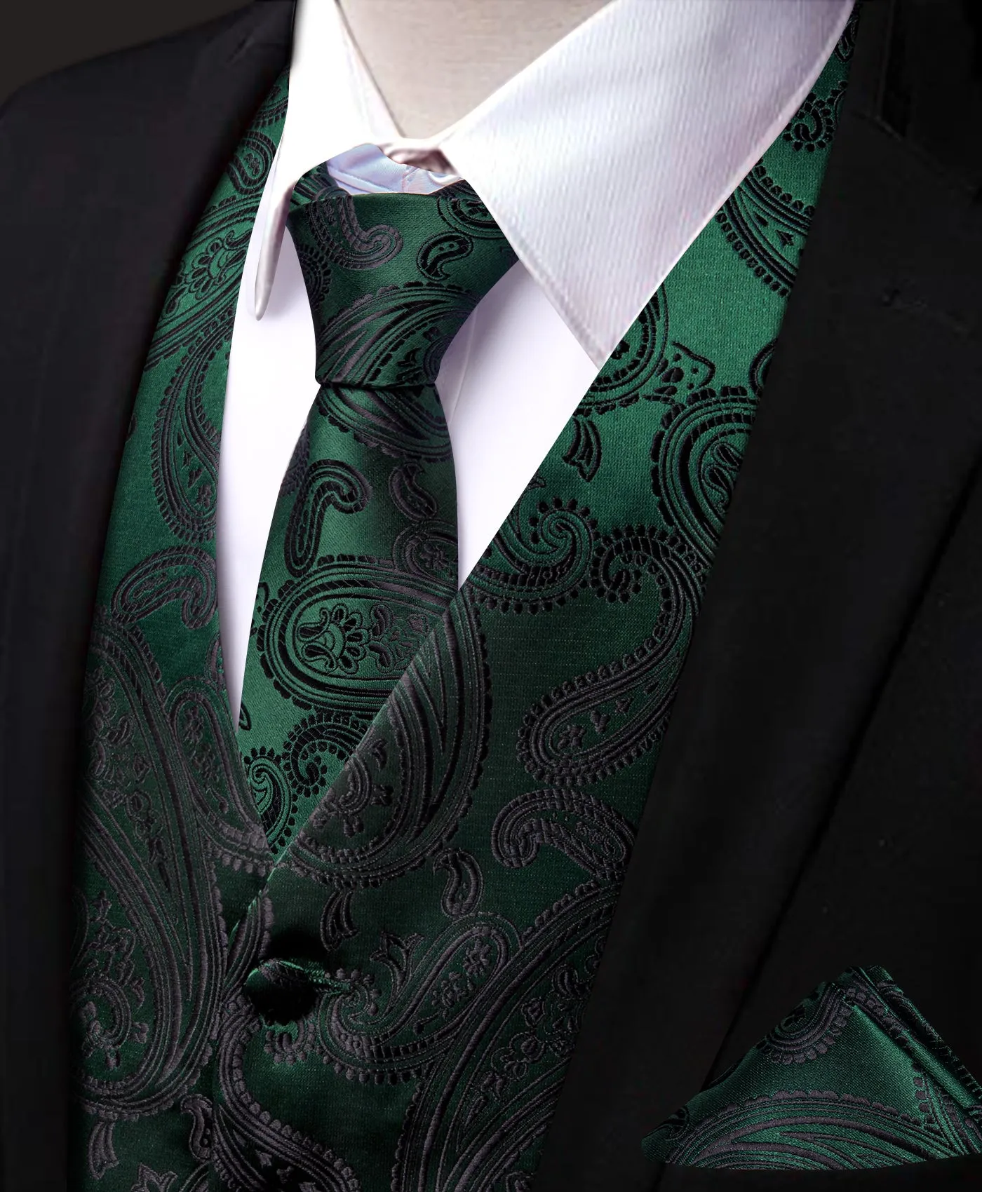 Barry. Wang Men's Forest Green Paisley V-Neck Silk Vest Necktie Hanky Cufflinks Clip Set sold by Barrywang product image thumbnail 2