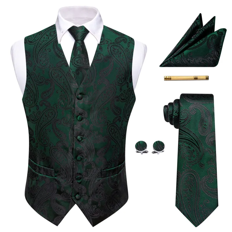 Barry. Wang Men's Forest Green Paisley V-Neck Silk Vest Necktie Hanky Cufflinks Clip Set sold by Barrywang