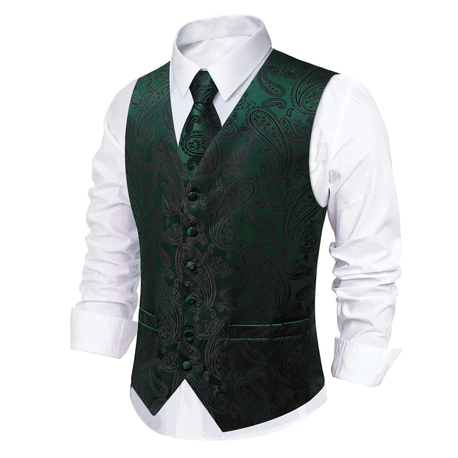 Barry. Wang Men's Forest Green Paisley V-Neck Silk Vest Necktie Hanky Cufflinks Clip Set sold by Barrywang product image thumbnail 3