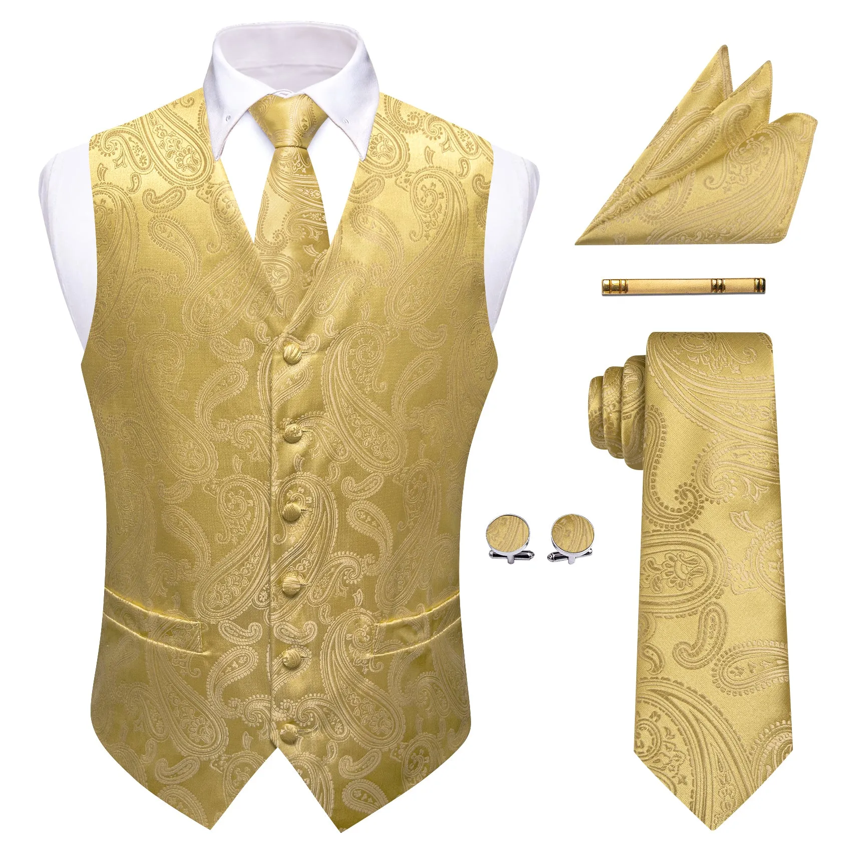 Barry. Wang Men's Golden Paisley V-Neck Silk Vest Necktie Hanky Cufflinks Clip Set sold by Barrywang