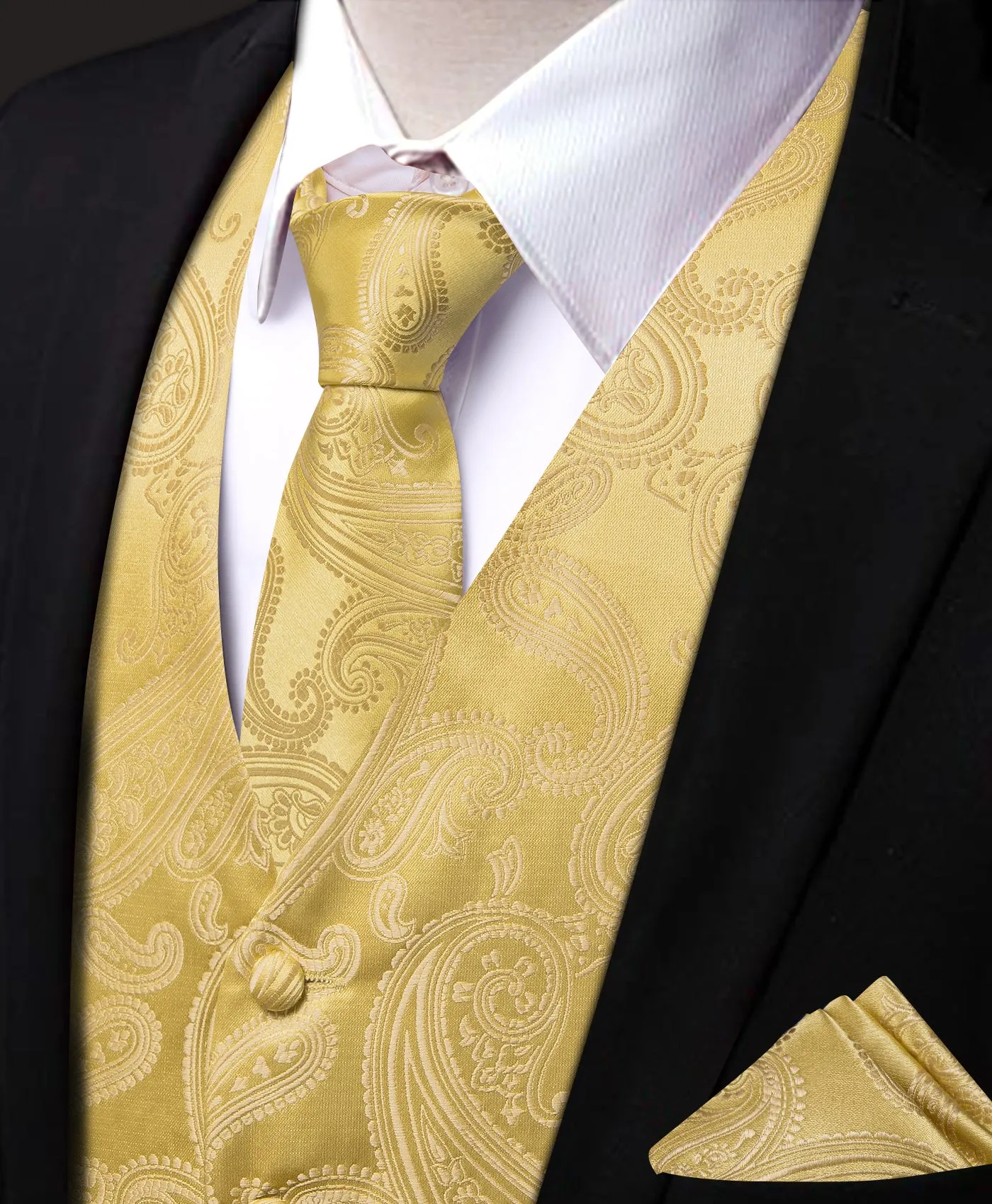 Barry. Wang Men's Golden Paisley V-Neck Silk Vest Necktie Hanky Cufflinks Clip Set sold by Barrywang product image thumbnail 2