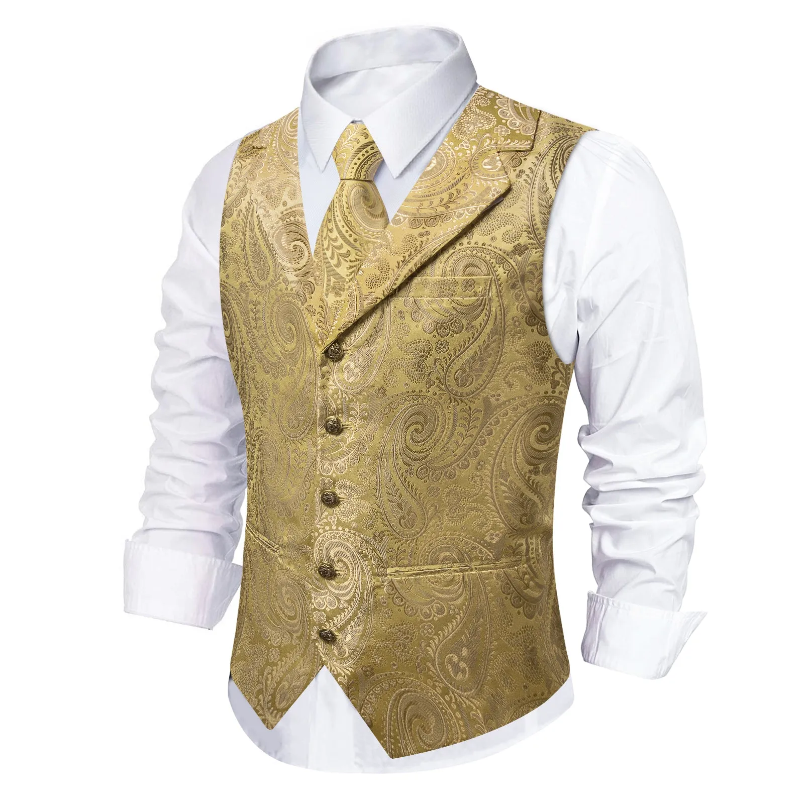 Barry. Wang Men's Golden Paisley Notched Collar Silk Vest Necktie Hanky Cufflinks Clip Set sold by Barrywang product image thumbnail 3