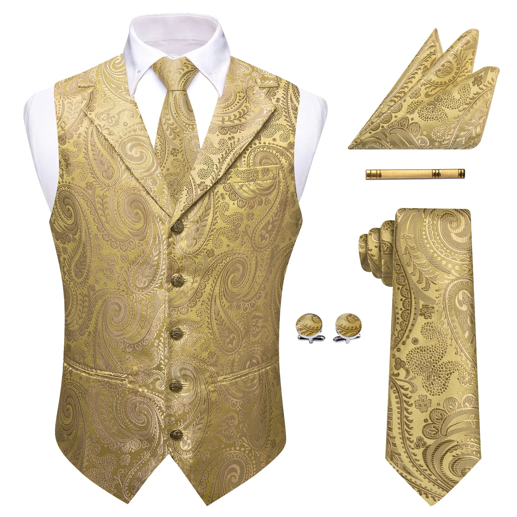 Barry. Wang Men's Golden Paisley Notched Collar Silk Vest Necktie Hanky Cufflinks Clip Set sold by Barrywang