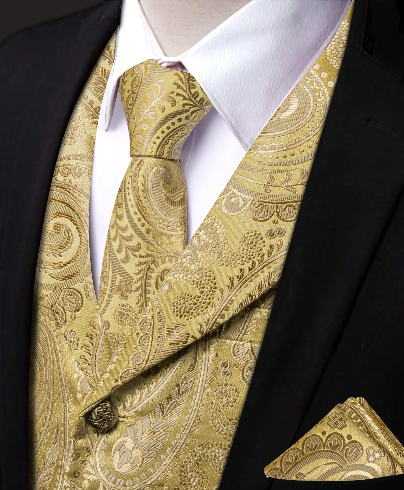 Barry. Wang Men's Golden Paisley Notched Collar Silk Vest Necktie Hanky Cufflinks Clip Set sold by Barrywang product image thumbnail 2