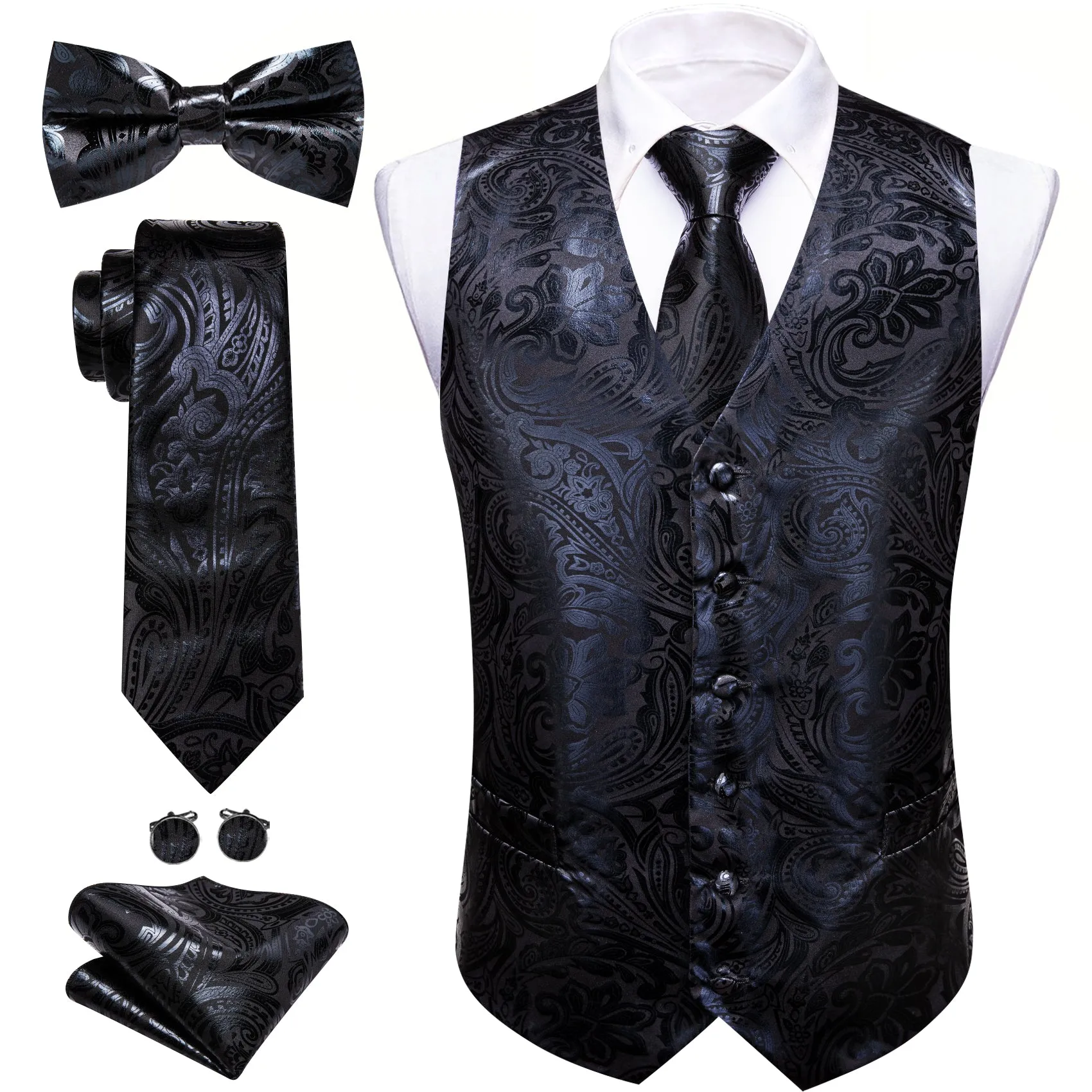 Barry. Wang Men's Black Paisley Silk Vest Necktie Pocket Square Cufflinks Set sold by Barrywang product image thumbnail 2