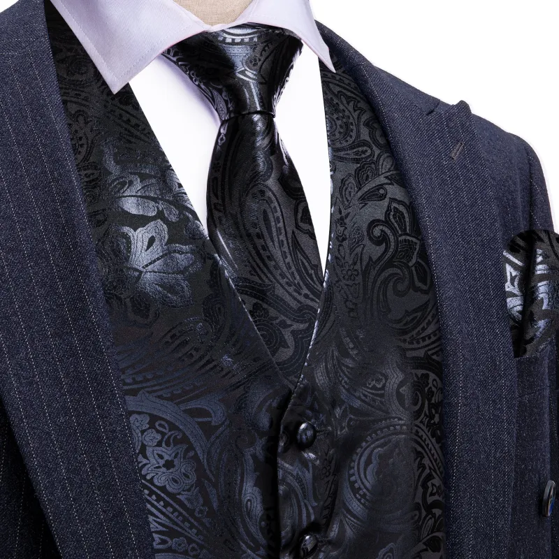 Barry. Wang Men's Black Paisley Silk Vest Necktie Pocket Square Cufflinks Set made by Barrywang