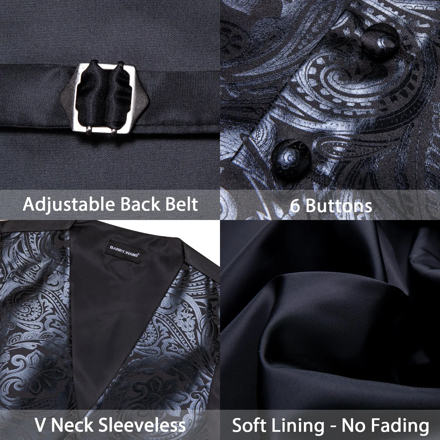 Barry. Wang Men's Black Paisley Silk Vest Necktie Pocket Square Cufflinks Set sold by Barrywang product image thumbnail 4