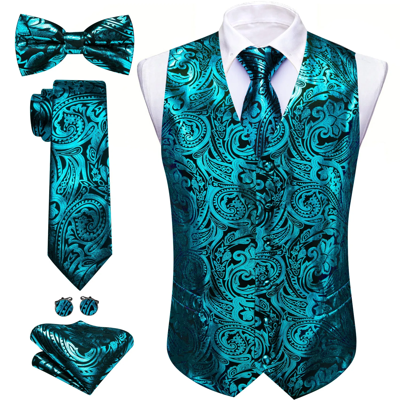 Barry. Wang Men's Turquoise Paisley Silk Vest Necktie Pocket Square Cufflinks Set sold by Barrywang product image thumbnail 2
