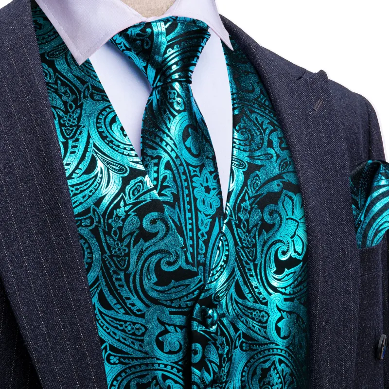 Barry. Wang Men's Turquoise Paisley Silk Vest Necktie Pocket Square Cufflinks Set made by Barrywang