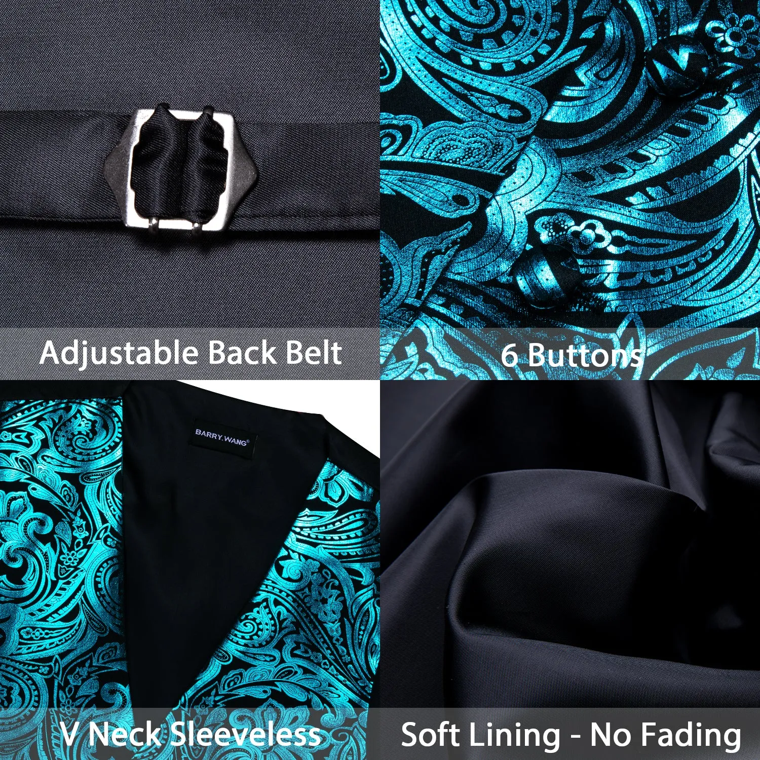 Barry. Wang Men's Turquoise Paisley Silk Vest Necktie Pocket Square Cufflinks Set sold by Barrywang product image thumbnail 4