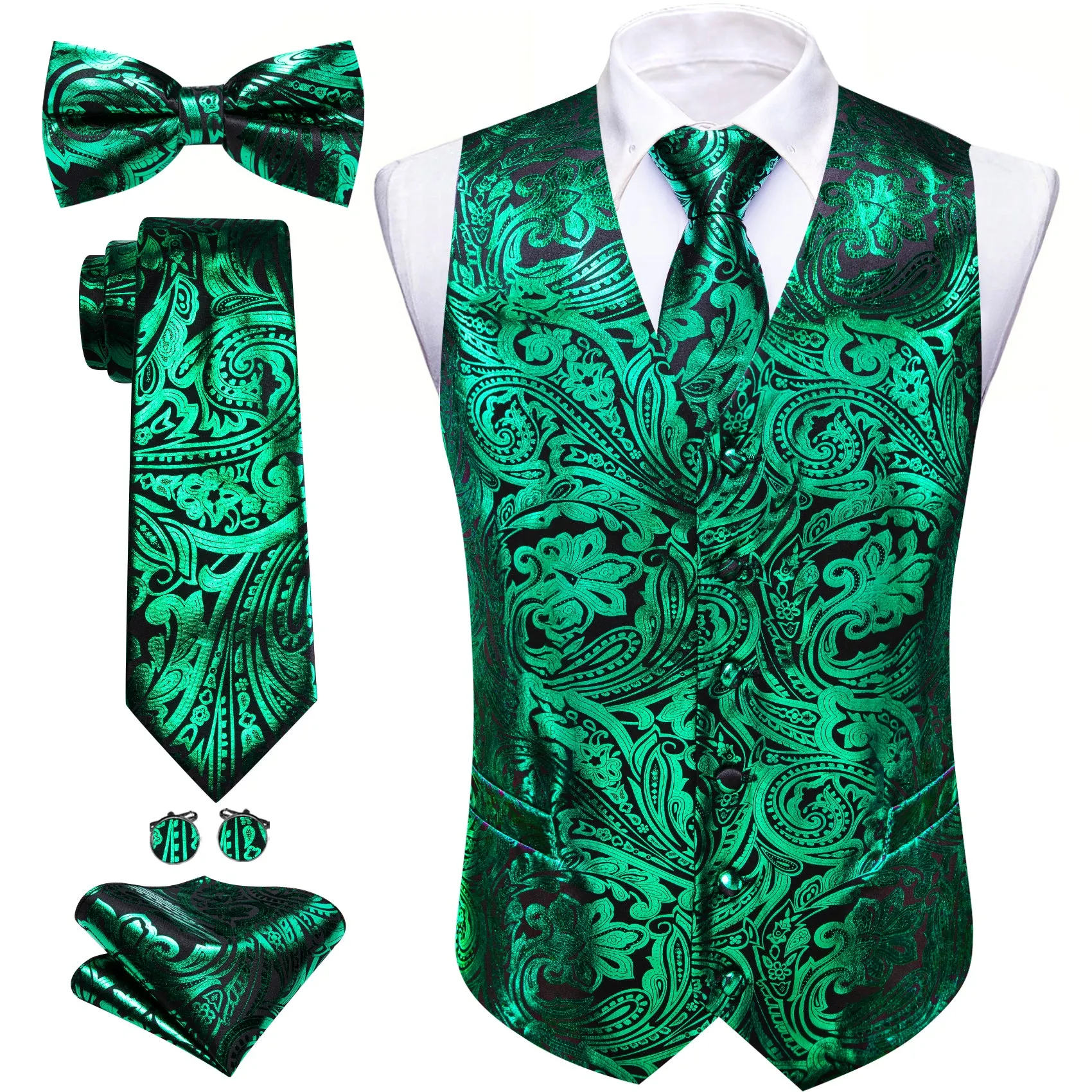 Barry. Wang Men's Emerald Green Paisley Silk Vest Necktie Pocket Square Cufflinks Set sold by Barrywang product image thumbnail 2