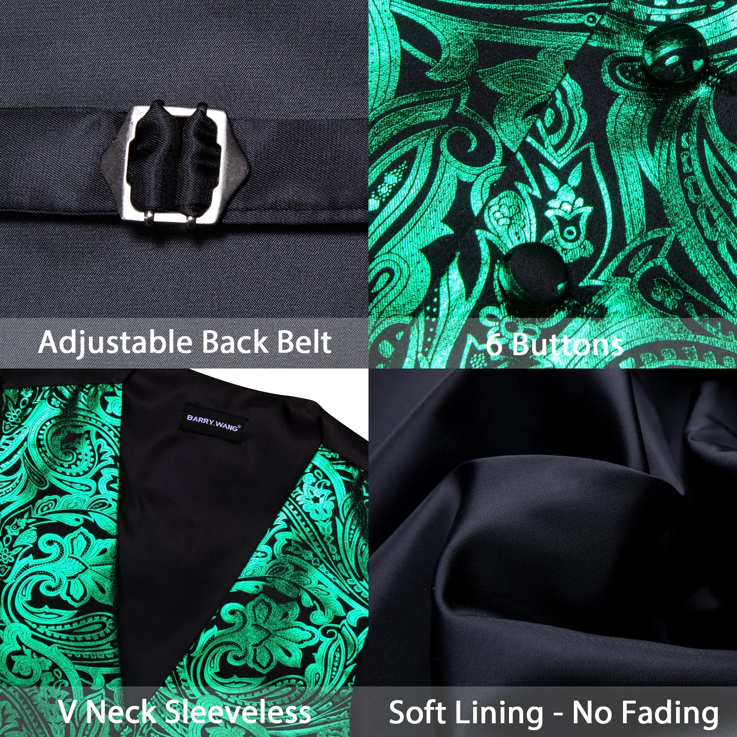 Barry. Wang Men's Emerald Green Paisley Silk Vest Necktie Pocket Square Cufflinks Set sold by Barrywang product image thumbnail 4