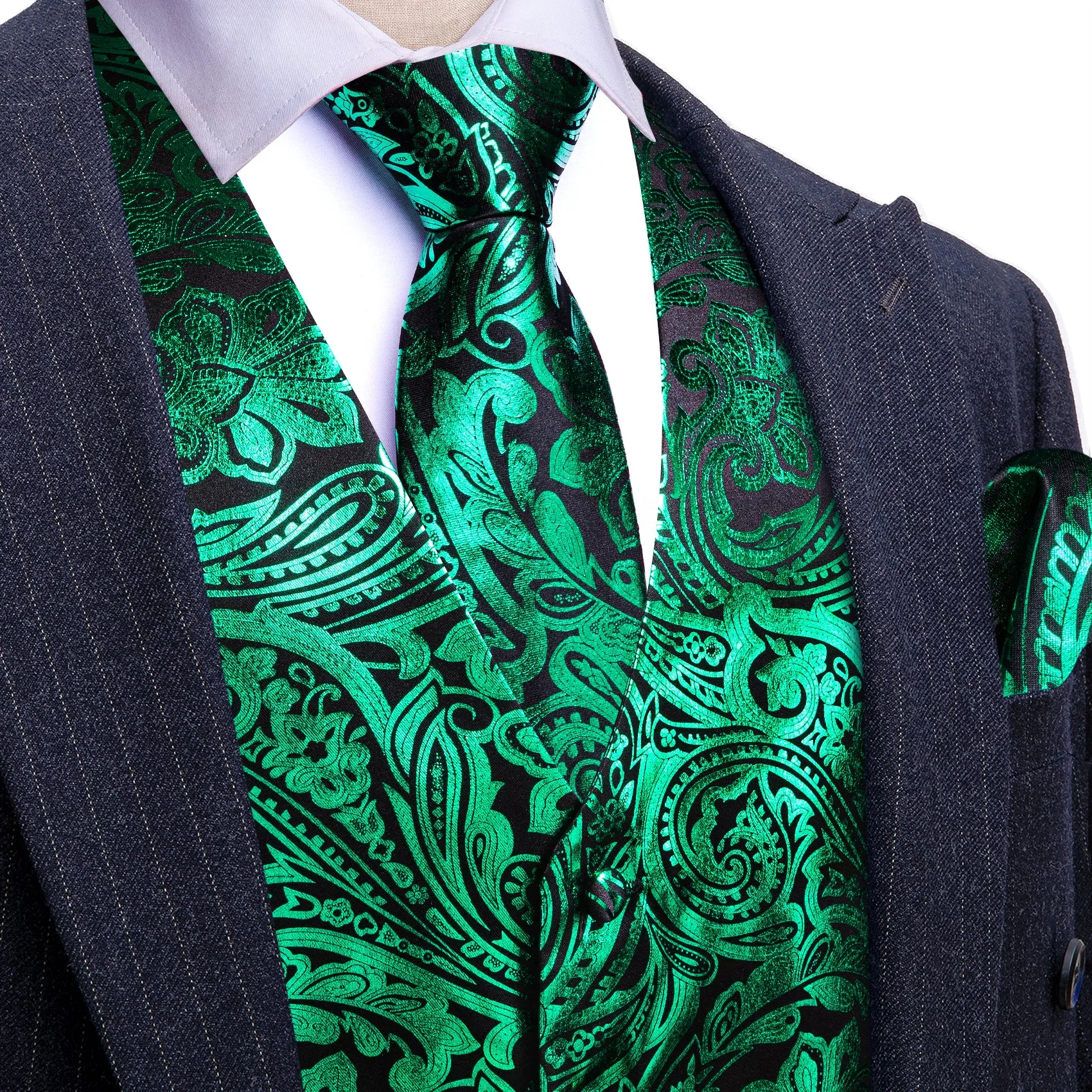 Barry. Wang Men's Emerald Green Paisley Silk Vest Necktie Pocket Square Cufflinks Set sold by Barrywang
