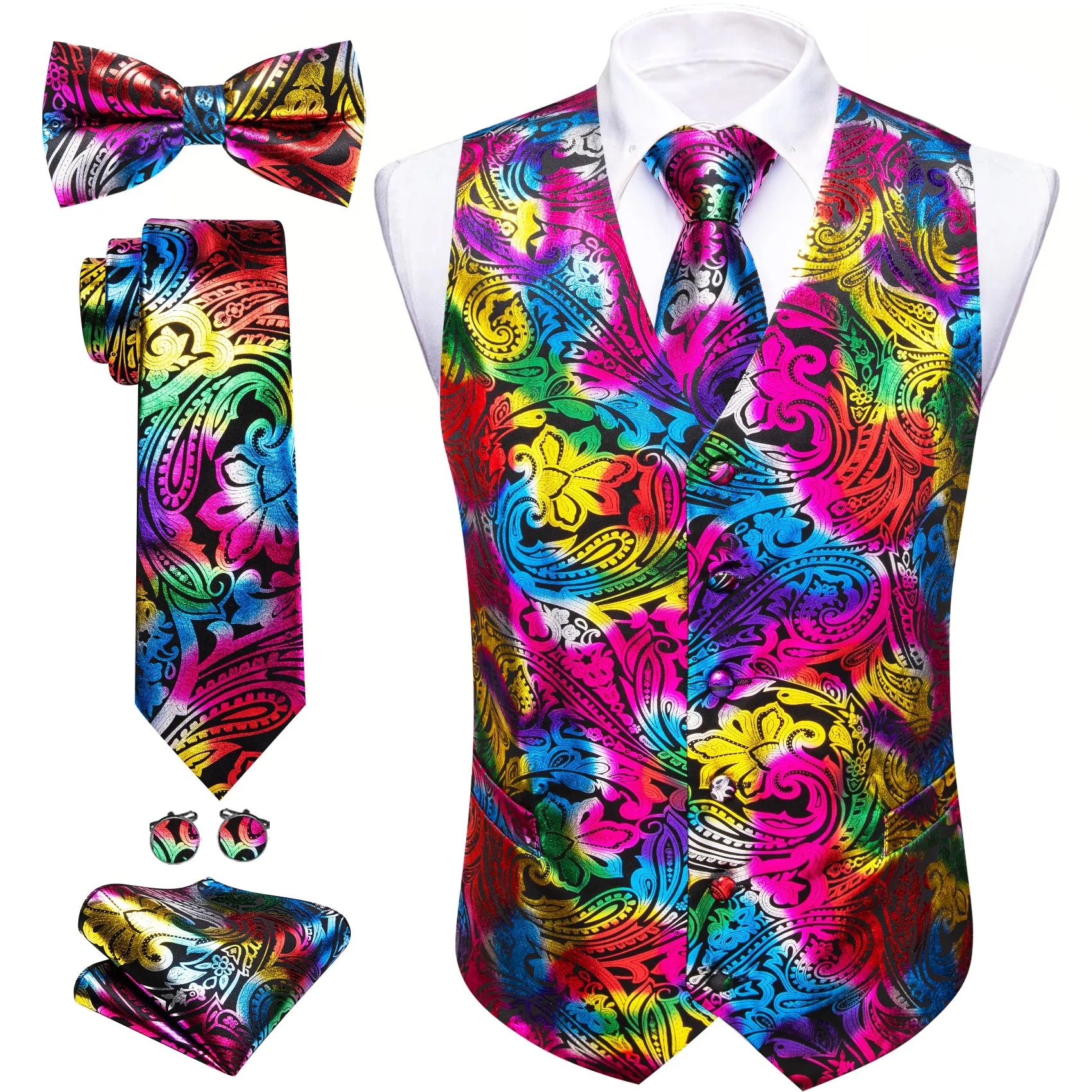 Barry. Wang Men's Red Yellow Colorful Paisley Silk Vest Necktie Pocket Square Cufflinks Set sold by Barrywang product image thumbnail 2