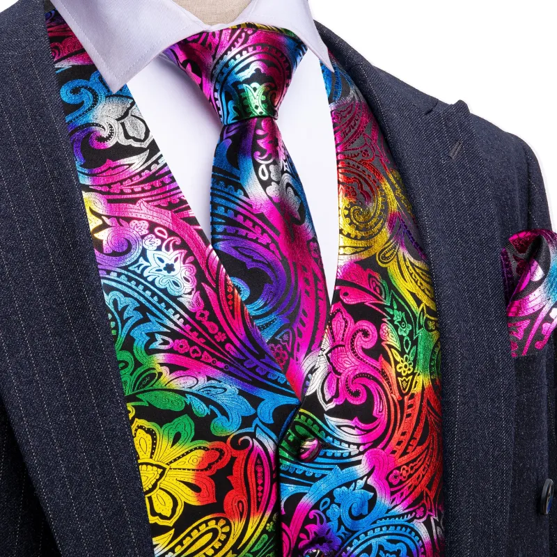 Barry. Wang Men's Red Yellow Colorful Paisley Silk Vest Necktie Pocket Square Cufflinks Set made by Barrywang