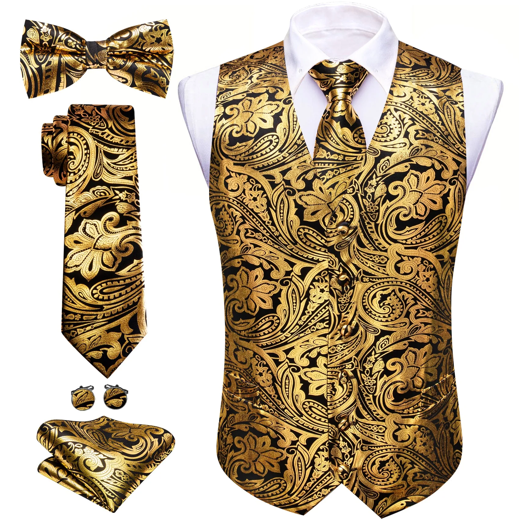 Barry. Wang Men's Golden Paisley Silk Vest Necktie Pocket Square Cufflinks Set sold by Barrywang product image thumbnail 2
