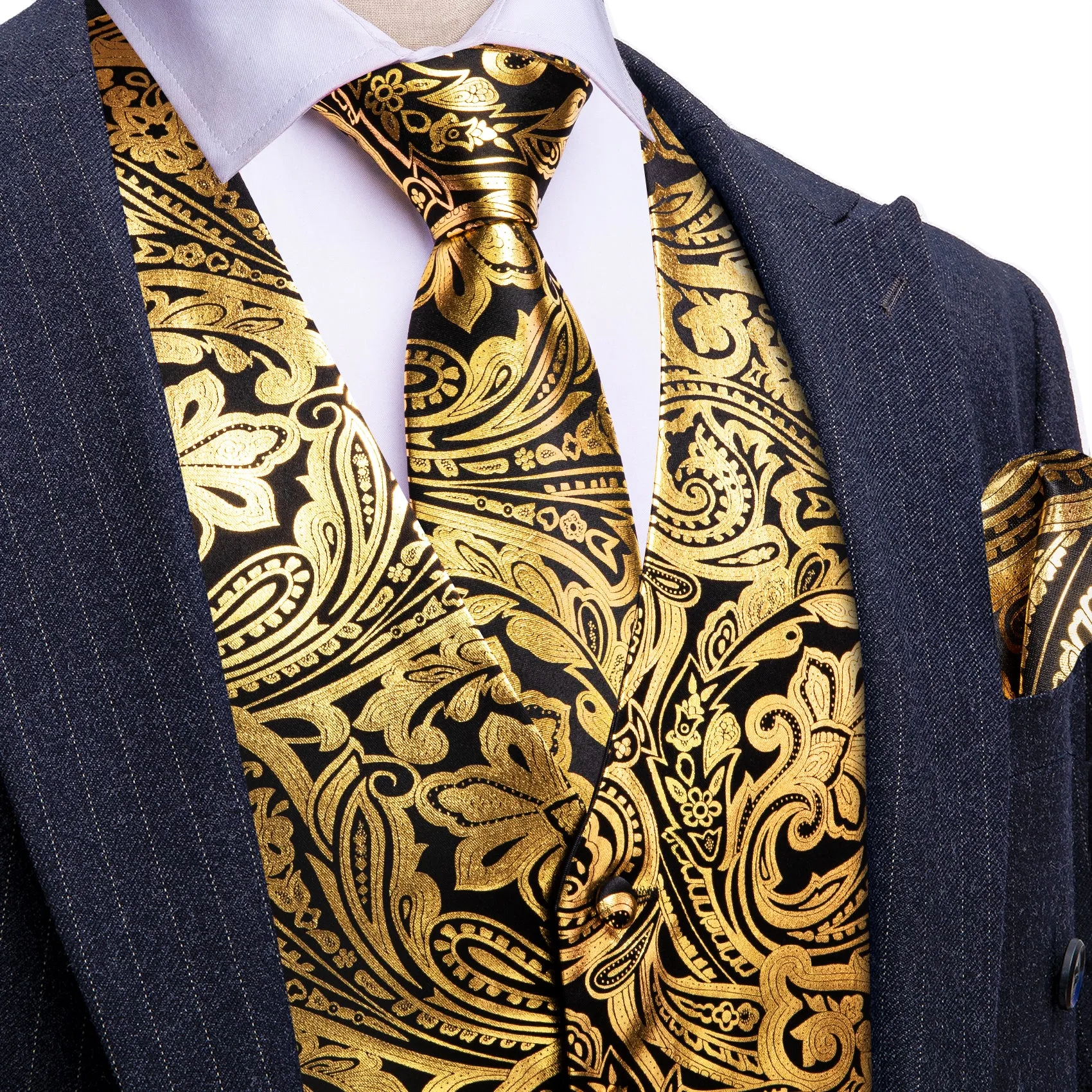 Barry. Wang Men's Golden Paisley Silk Vest Necktie Pocket Square Cufflinks Set sold by Barrywang
