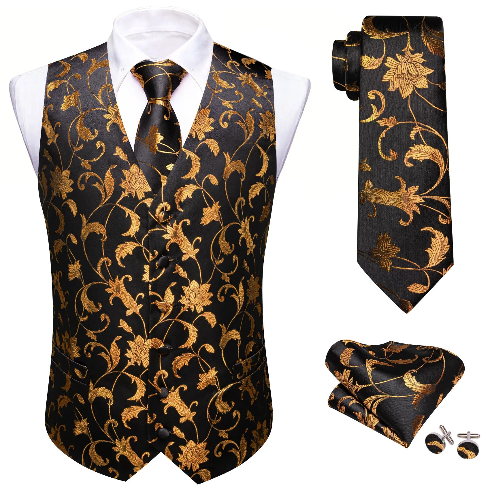 Barry. Wang Men's Golden Floral Black Silk Vest Necktie Pocket Square Cufflinks Set sold by Barrywang product image thumbnail 2