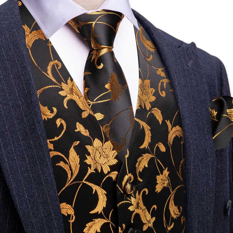 Barry. Wang Men's Golden Floral Black Silk Vest Necktie Pocket Square Cufflinks Set made by Barrywang